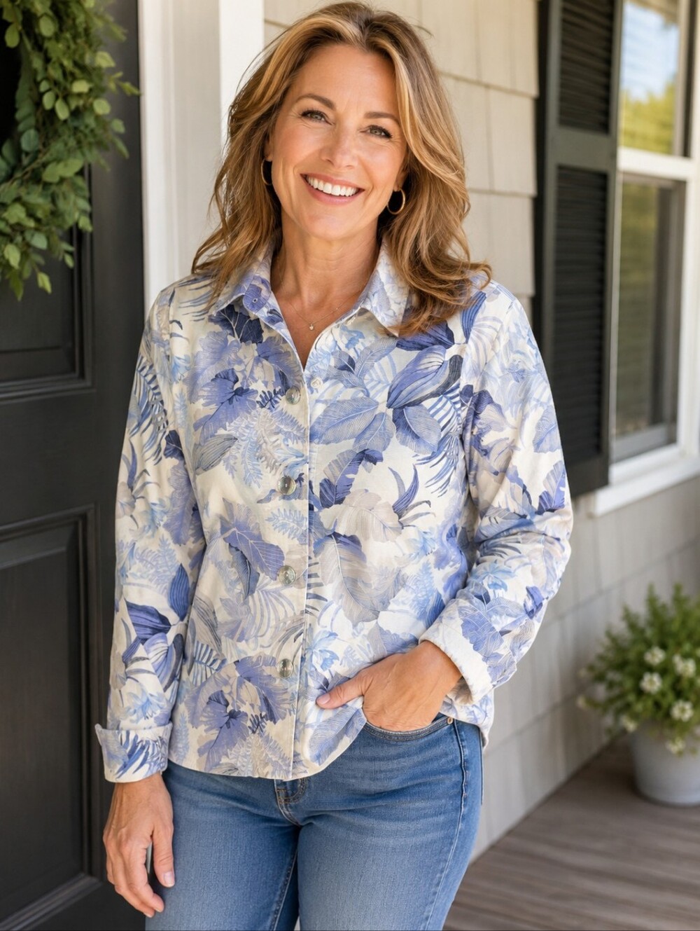Coldwater Creek Floral Garden Print Denim Button Down Jacket Women’s Size 1X
